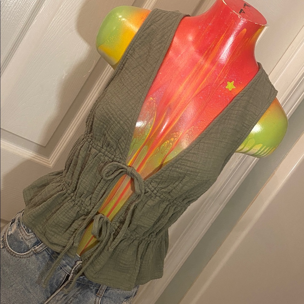 Aerie Olive Sleeveless Drawstring Blouse